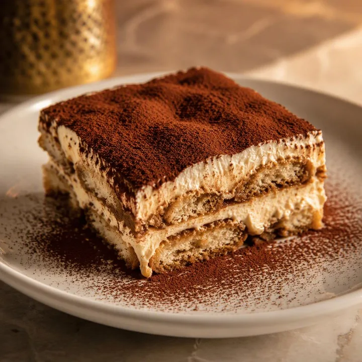 Classic tiramisu portion on plate with coffee dusting at Nouba Restaurant and Rooftop Lounge, C-Scheme Jaipur