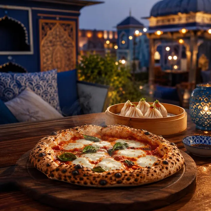 Couple table on rooftop with Jaipur skyline at dusk at Nouba Restaurant and Rooftop Lounge, C-Scheme Jaipur