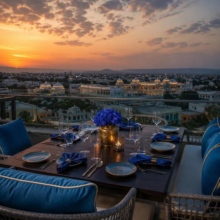 Rooftop table setup with skyline view at dusk at Nouba Restaurant and Rooftop Lounge, C-Scheme Jaipur