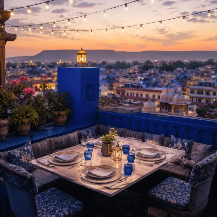 4th floor rooftop table with Jaipur skyline view at dusk at Nouba Restaurant and Rooftop Lounge, C-Scheme Jaipur
