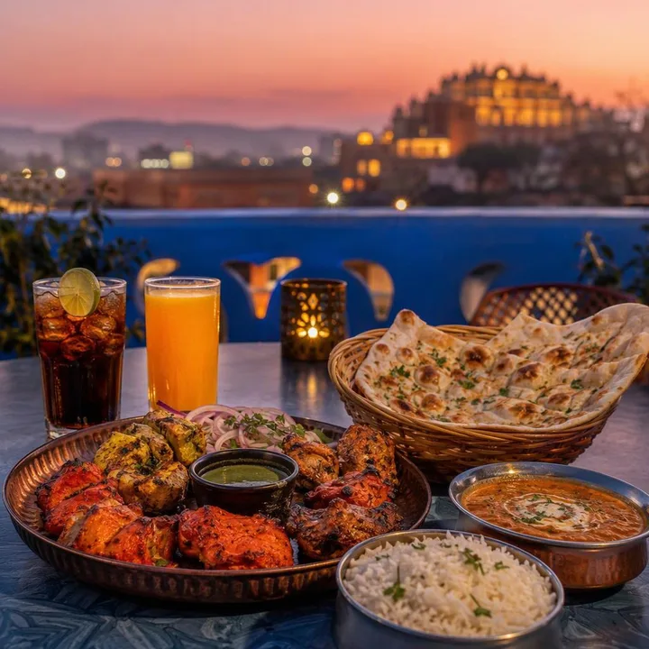 Table set with north Indian tandoor dishes and drinks at sunset on the rooftop at Nouba Restaurant and Rooftop Lounge, C-Scheme Jaipur
