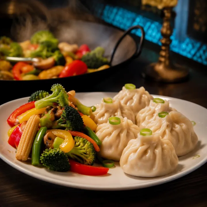 Vegetarian dim sum and stir-fried vegetables on a plate at Nouba Restaurant and Rooftop Lounge, C-Scheme Jaipur