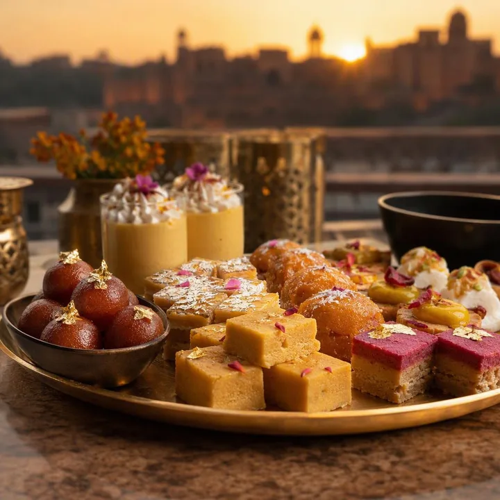 Signature desserts on a sharing plate with Jaipur skyline view at Nouba Restaurant and Rooftop Lounge, C-Scheme Jaipur