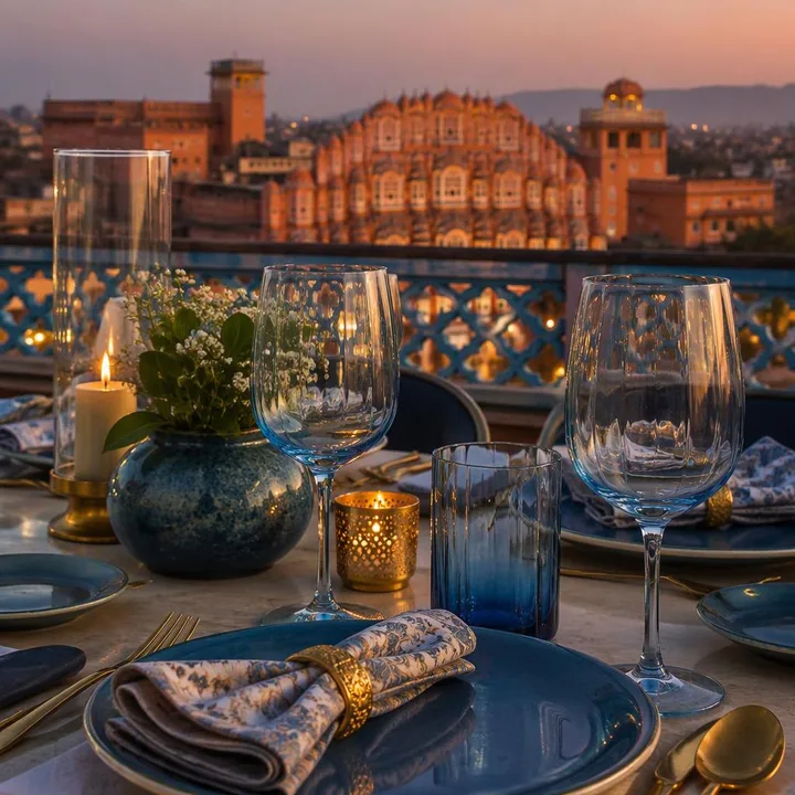 Rooftop table set for anniversary dinner with skyline view at Nouba Restaurant and Rooftop Lounge C-Scheme Jaipur