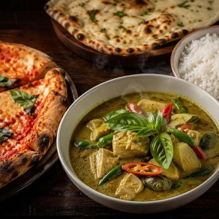 Thai green curry bowl with rice, naan and pizza slice on table at Nouba Restaurant and Rooftop Lounge, C-Scheme Jaipur