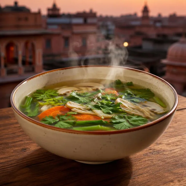 Steaming soup bowl with chopsticks on table at Nouba Restaurant and Rooftop Lounge, C-Scheme Jaipur