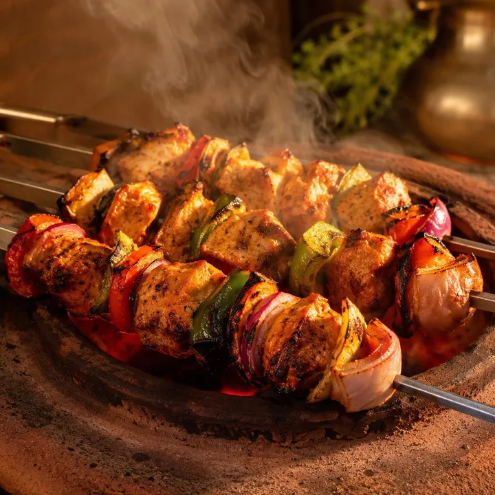 Tandoor grill with skewers of chicken and vegetables at Nouba Restaurant and Rooftop Lounge, C-Scheme Jaipur