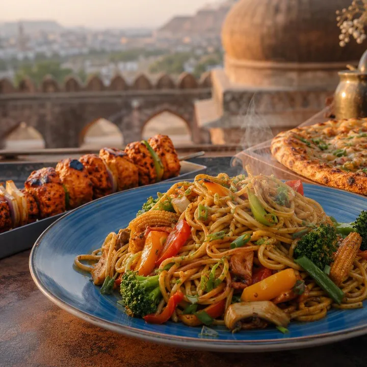Wok stir-fry dish with side plates on table at Nouba Restaurant and Rooftop Lounge, C-Scheme Jaipur