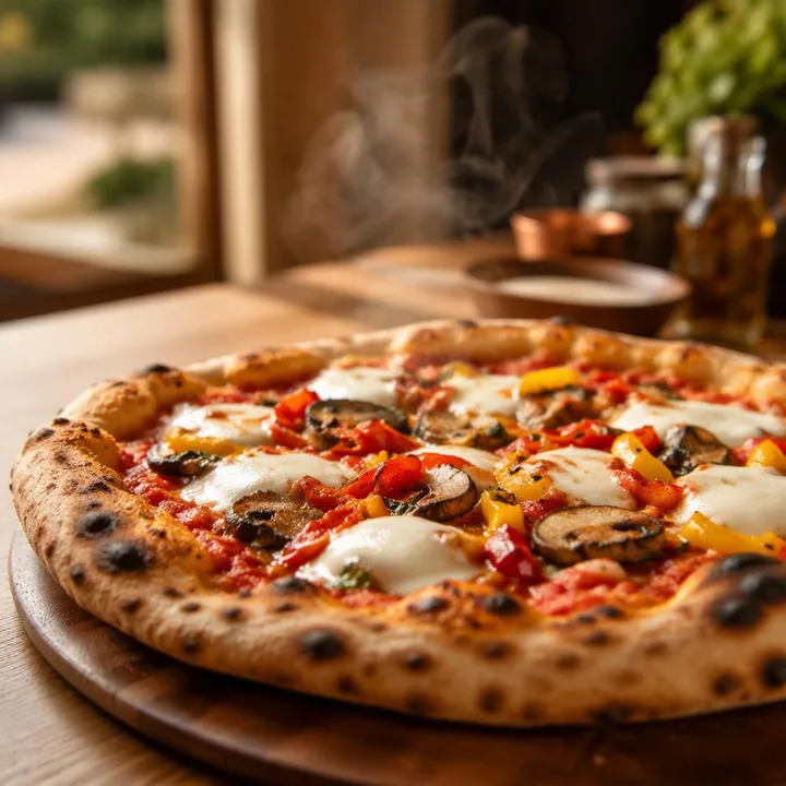 Custom topped wood-fired pizza on table at Nouba Restaurant and Rooftop Lounge, C-Scheme Jaipur