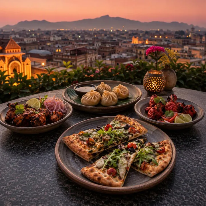 Rooftop tables with skyline view and food plates at Nouba Restaurant and Rooftop Lounge, C-Scheme Jaipur