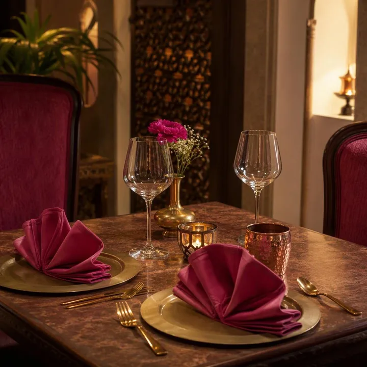 Table set for two on the 3rd floor with brown and magenta decor at Nouba Restaurant and Rooftop Lounge C-Scheme Jaipur