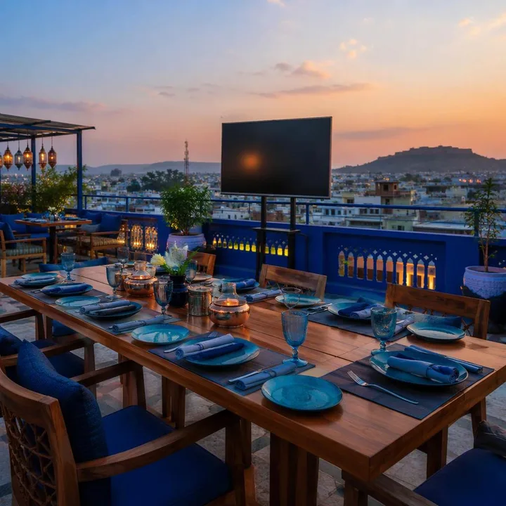 Rooftop table setup with AV screen and skyline view at Nouba Restaurant and Rooftop Lounge, C-Scheme Jaipur