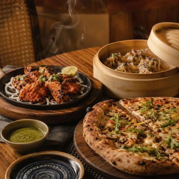 Table with shared plates from three kitchens at Nouba Restaurant and Rooftop Lounge, C-Scheme Jaipur