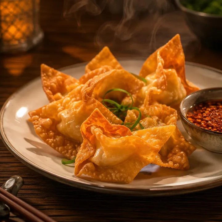 Plate of crispy wontons with dipping sauce on table at Nouba Restaurant and Rooftop Lounge, C-Scheme Jaipur