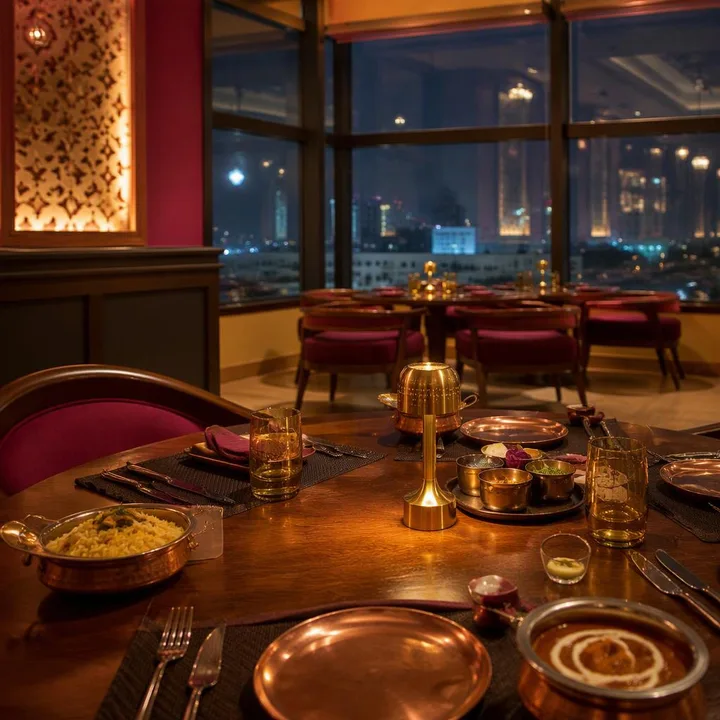 View of indoor dining tables on 3rd floor with magenta decor at Nouba Restaurant and Rooftop Lounge, C-Scheme Jaipur