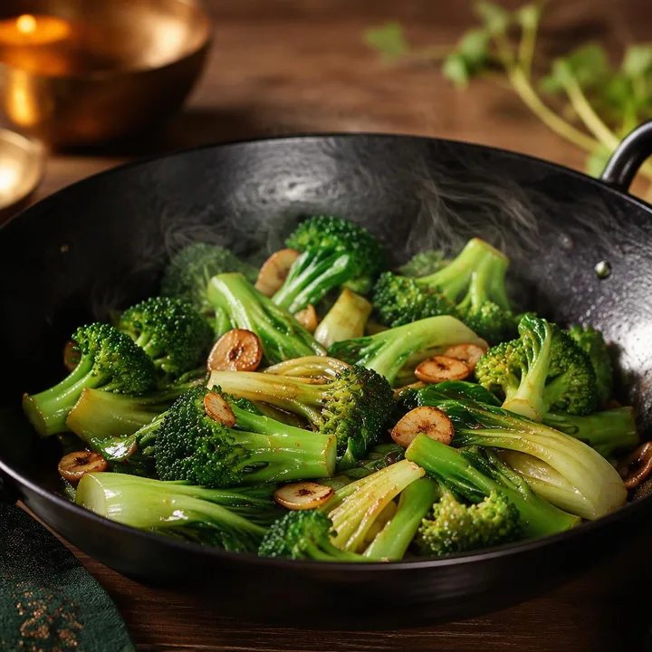Stir-fried broccoli and bok choy on a plate at Nouba Restaurant and Rooftop Lounge, C-Scheme Jaipur