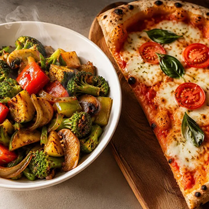 Wok-fried vegetables beside wood-fired pizza slice at Nouba Restaurant and Rooftop Lounge, C-Scheme Jaipur