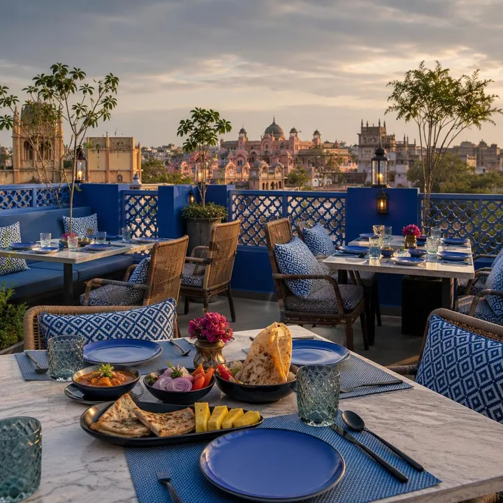 Rooftop tables with Jaipur skyline under cloudy monsoon sky at Nouba Restaurant and Rooftop Lounge, C-Scheme Jaipur