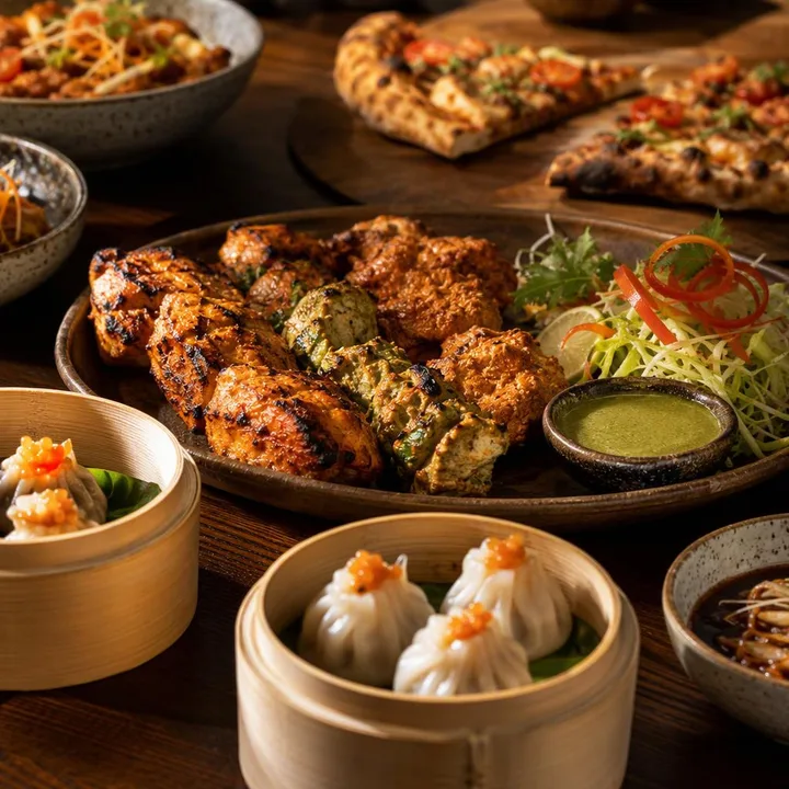 Plates of tandoor dishes pizza and dim sum on a table at Nouba Restaurant and Rooftop Lounge, C-Scheme Jaipur