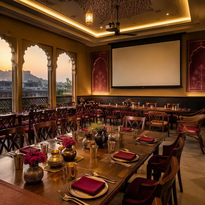 Indoor dining room with AV screen setup on 3rd floor at Nouba Restaurant and Rooftop Lounge, C-Scheme Jaipur