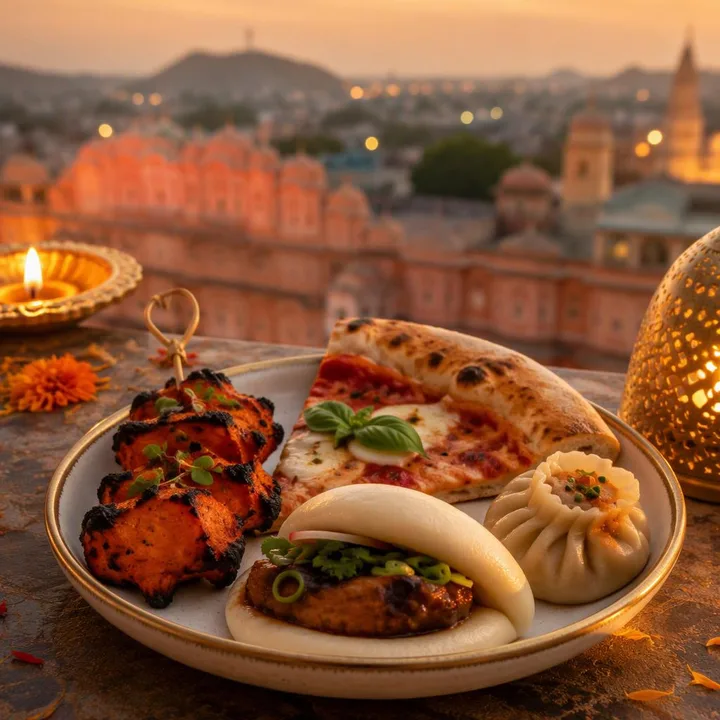 Diwali lit table with North Indian tandoor platter, pizza slice and dim sum beside skyline view at Nouba Restaurant and Rooftop Lounge, C-Scheme Jaipur