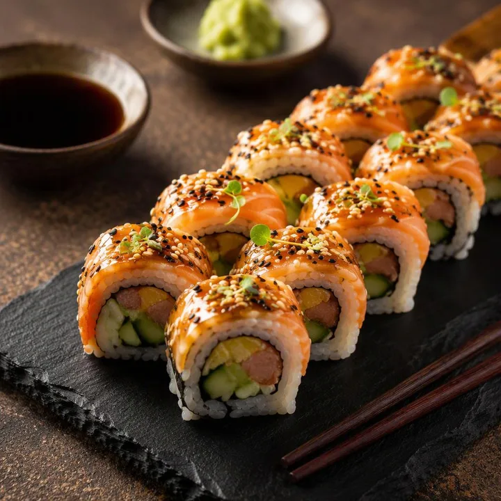 Sushi rolls on a plate with chopsticks at Nouba Restaurant and Rooftop Lounge, C-Scheme Jaipur