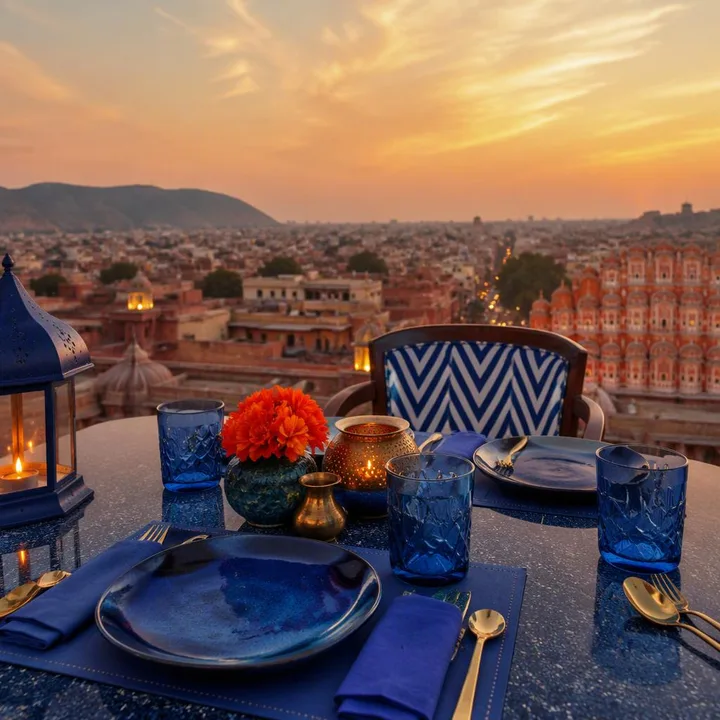 Rooftop table with Jaipur skyline view at dusk at Nouba Restaurant and Rooftop Lounge, C-Scheme Jaipur
