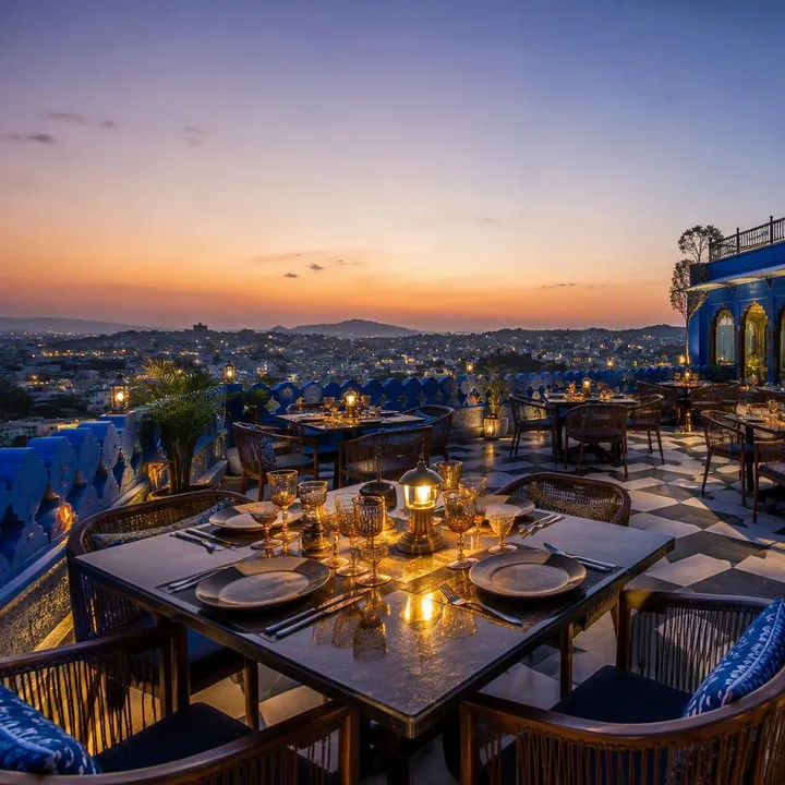 Electric blue rooftop tables with Jaipur skyline view at sunset at Nouba Restaurant and Rooftop Lounge, C-Scheme Jaipur
