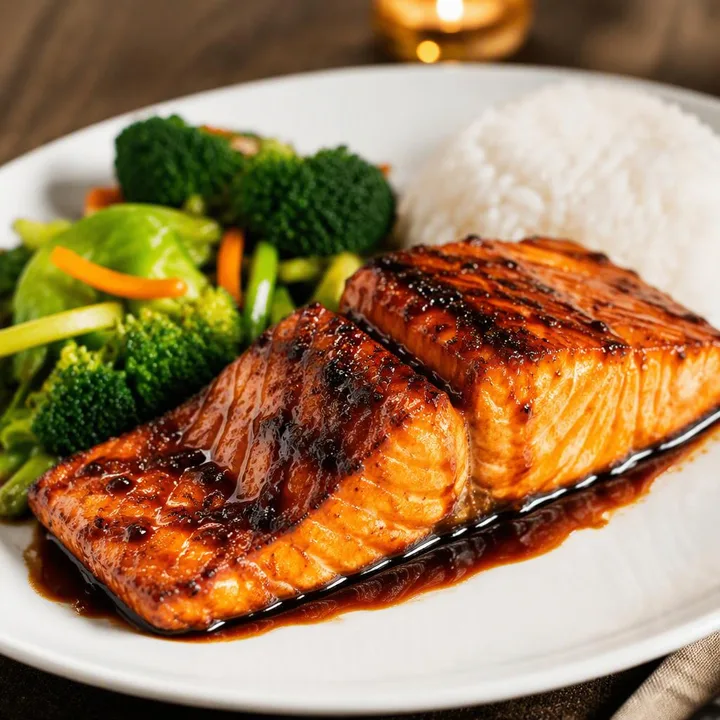 Teriyaki glazed grilled salmon on plate with wok vegetables at Nouba Restaurant and Rooftop Lounge, C-Scheme Jaipur