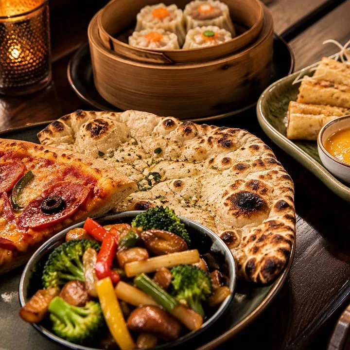 Table set with small plates from three kitchens at Nouba Restaurant and Rooftop Lounge, C-Scheme Jaipur