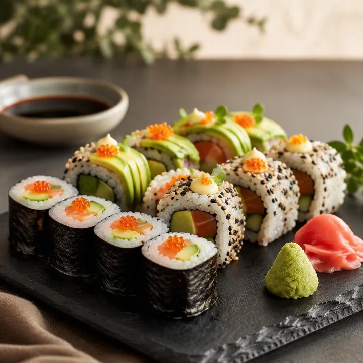 Maki and uramaki sushi rolls on a plate with chopsticks at Nouba Restaurant and Rooftop Lounge, C-Scheme Jaipur