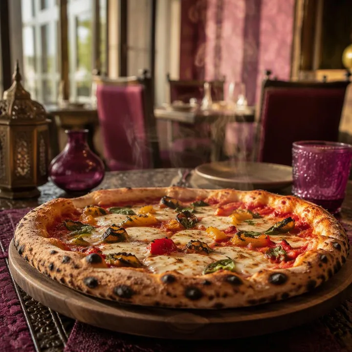 Indoor dining room with brown and magenta tables set for lunch at Nouba Restaurant and Rooftop Lounge, C-Scheme Jaipur