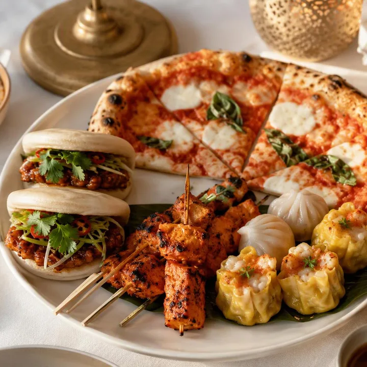 Family table set with small pizza slices, tandoor kebabs and dim sum for kids at Nouba Restaurant and Rooftop Lounge, C-Scheme Jaipur