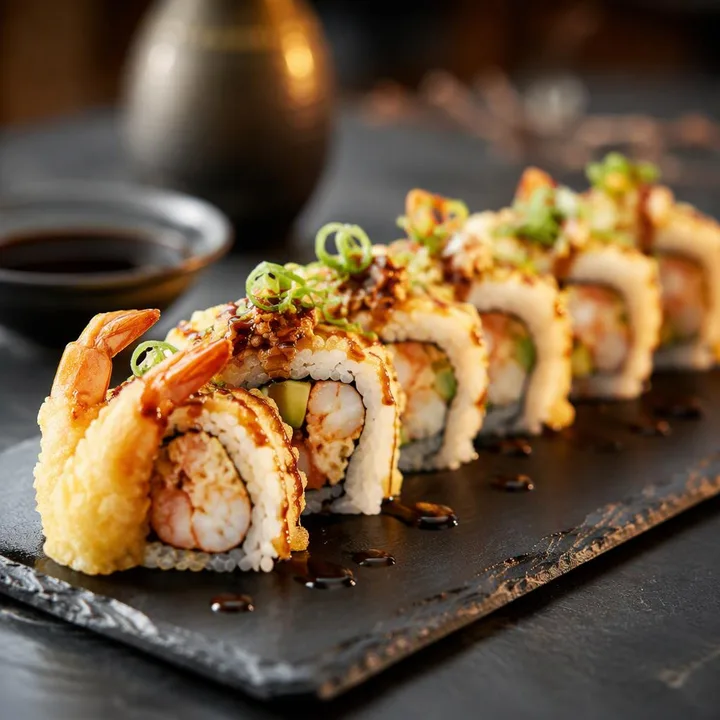 Prawn tempura roll on a plate with chopsticks at Nouba Restaurant and Rooftop Lounge, C-Scheme Jaipur