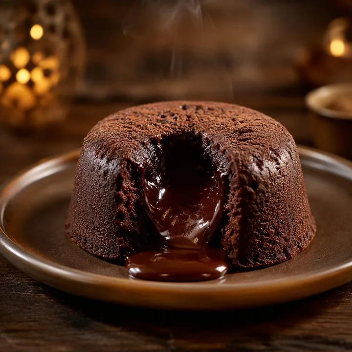Chocolate lava cake with molten center on plate, at Nouba Restaurant and Rooftop Lounge, C-Scheme Jaipur