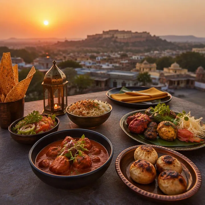 Rooftop dining setup with AV screen and projector against Jaipur skyline at Nouba Restaurant and Rooftop Lounge, C-Scheme Jaipur