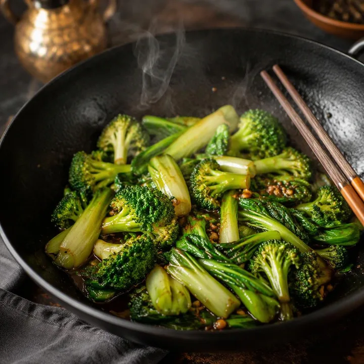 Stir-fried broccoli and bok choy in wok with chopsticks at Nouba Restaurant and Rooftop Lounge, C-Scheme Jaipur
