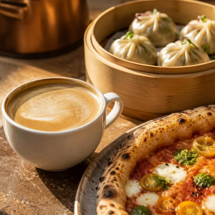 Cup of coffee with small plates on a table at Nouba Restaurant and Rooftop Lounge, C-Scheme Jaipur