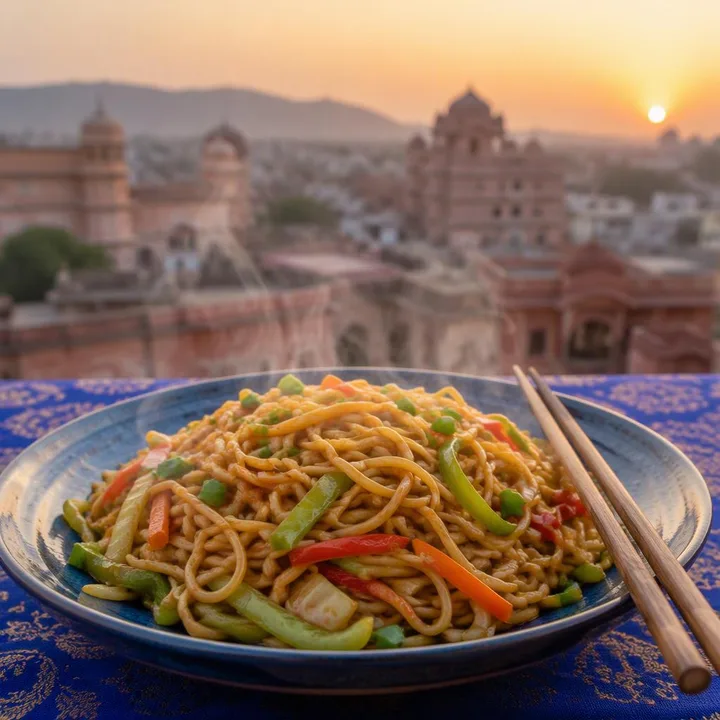 Wok stir-fried vegetables and noodles on a plate at Nouba Restaurant and Rooftop Lounge, C-Scheme Jaipur