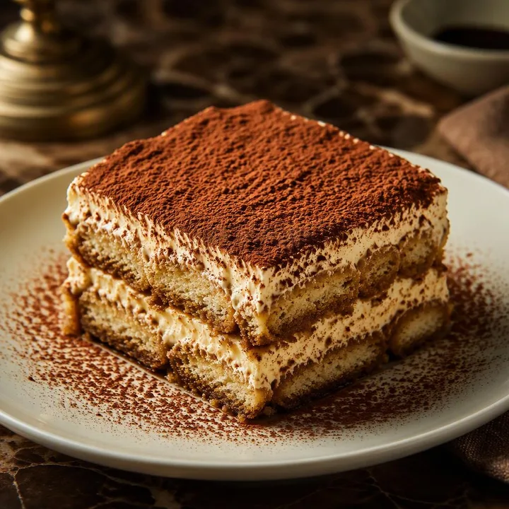 Plate of classic tiramisu with cocoa dusting at Nouba Restaurant and Rooftop Lounge, C-Scheme Jaipur