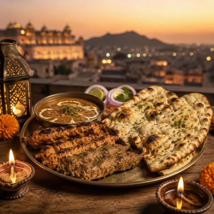 Family table with north Indian tandoor dishes and Diwali lamps at Nouba Restaurant and Rooftop Lounge, C-Scheme Jaipur