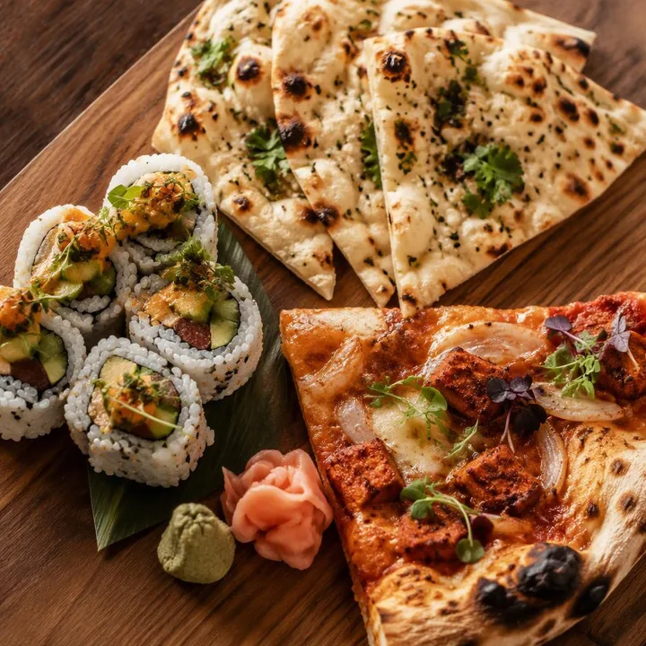 Assorted sushi rolls on plate with tandoor naan and pizza slice at Nouba Restaurant and Rooftop Lounge, C-Scheme Jaipur