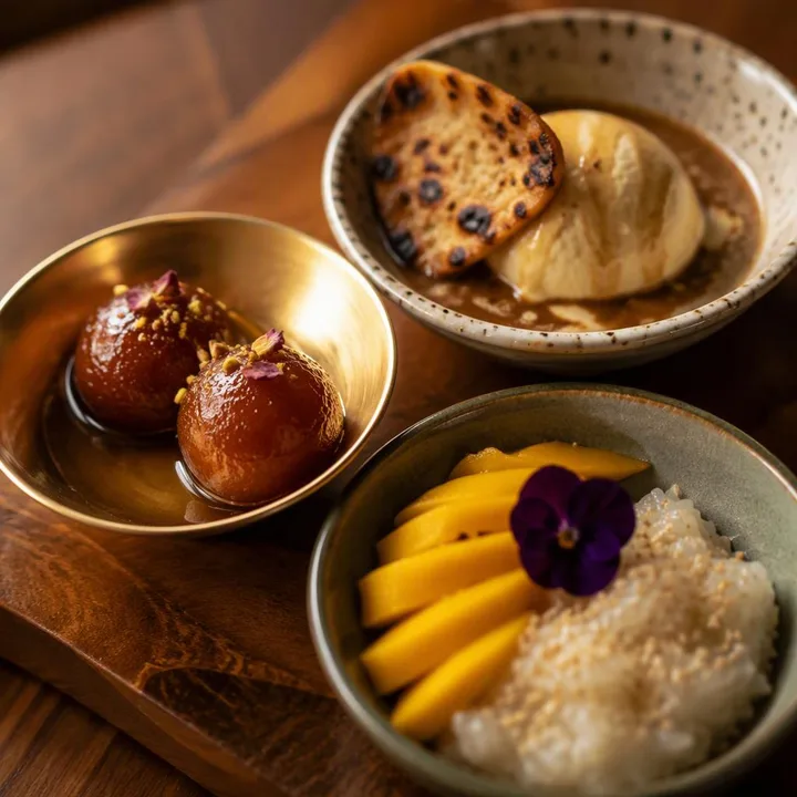 Plate of assorted desserts on table at Nouba Restaurant and Rooftop Lounge, C-Scheme Jaipur