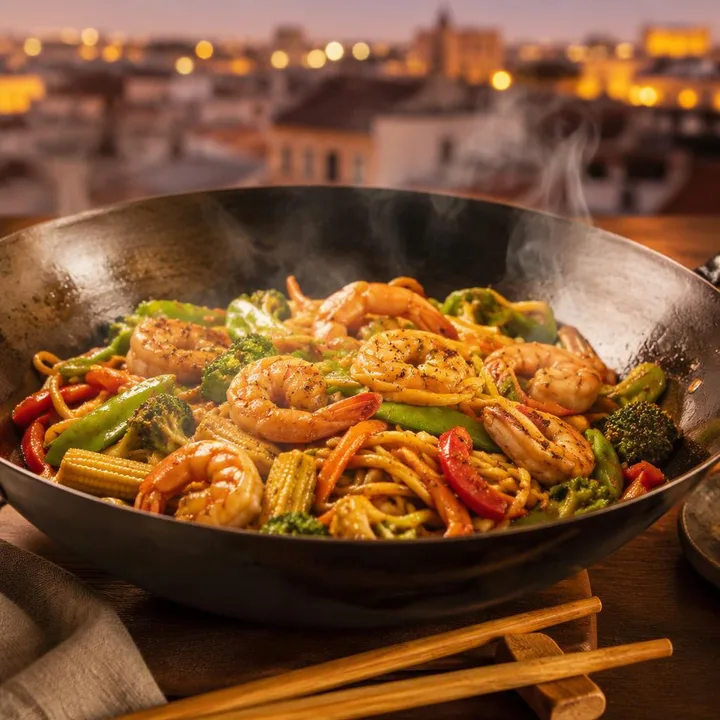 Wok stir-fry vegetables and noodles on sizzling pan at Nouba Restaurant and Rooftop Lounge, C-Scheme Jaipur
