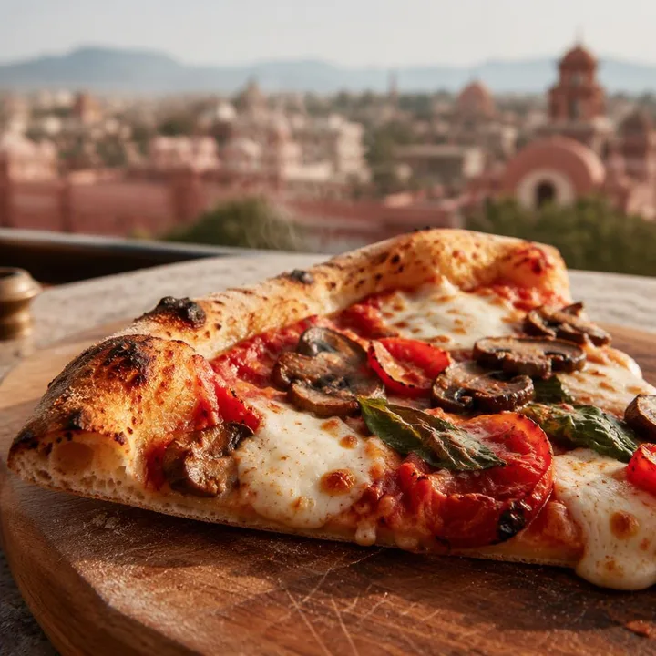 Wood-fired pizza on table with Jaipur skyline view at Nouba Restaurant and Rooftop Lounge, C-Scheme Jaipur