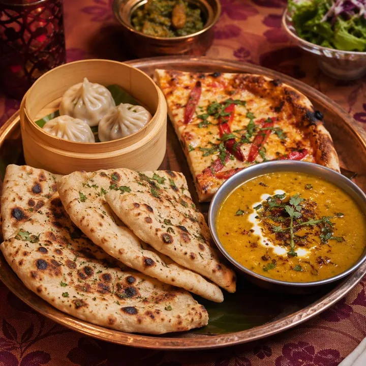Table set for family dinner with north Indian dishes and pizza at Nouba Restaurant and Rooftop Lounge, C-Scheme Jaipur