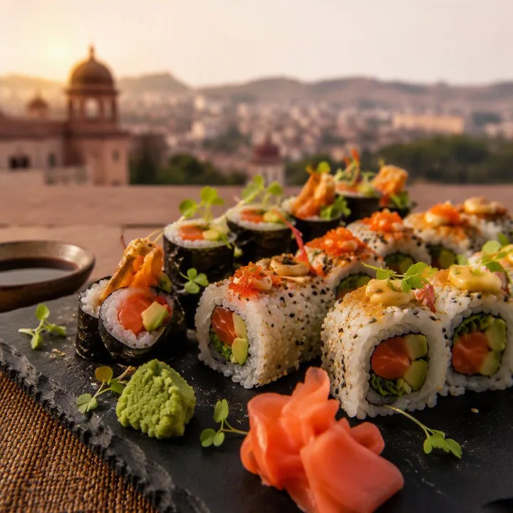 Maki and uramaki rolls on a plate with skyline view at Nouba Restaurant and Rooftop Lounge, C-Scheme Jaipur