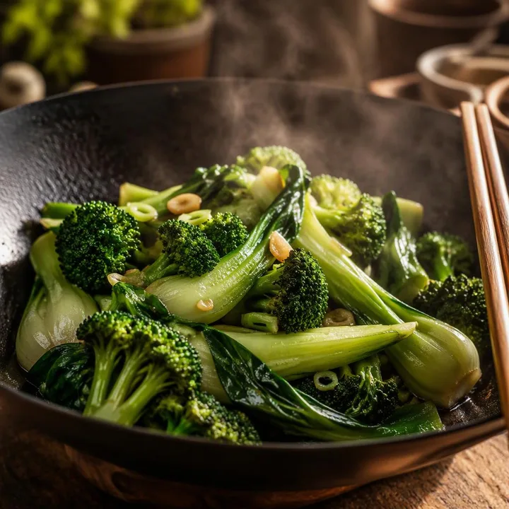 Stir-fried broccoli and bok choy in wok with chopsticks at Nouba Restaurant and Rooftop Lounge, C-Scheme Jaipur