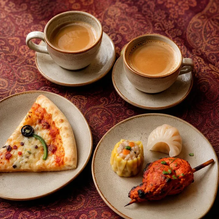 Table with coffee cups and small plates of pizza slices dim sum and tandoori items at Nouba Restaurant and Rooftop Lounge, C-Scheme Jaipur
