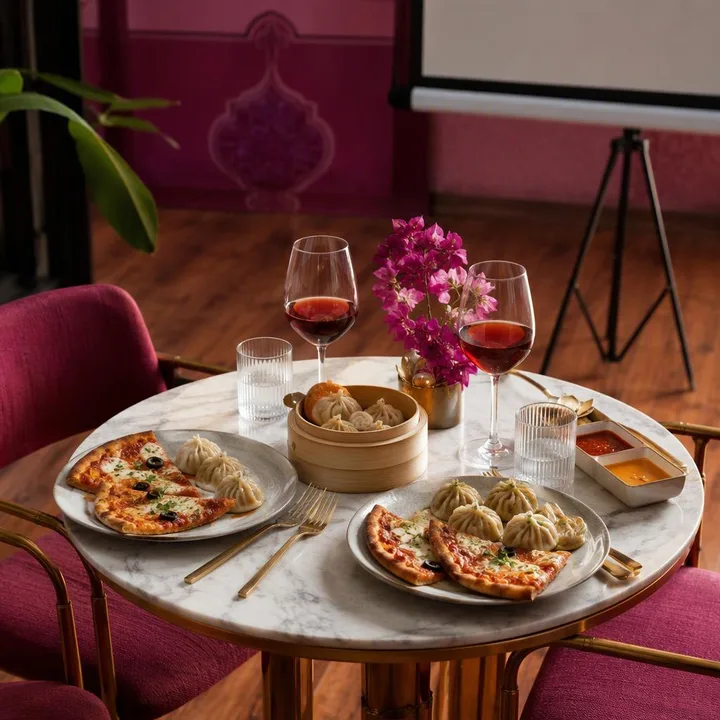 Table for two with AV screen on projector stand against magenta wall at Nouba Restaurant and Rooftop Lounge, C-Scheme Jaipur